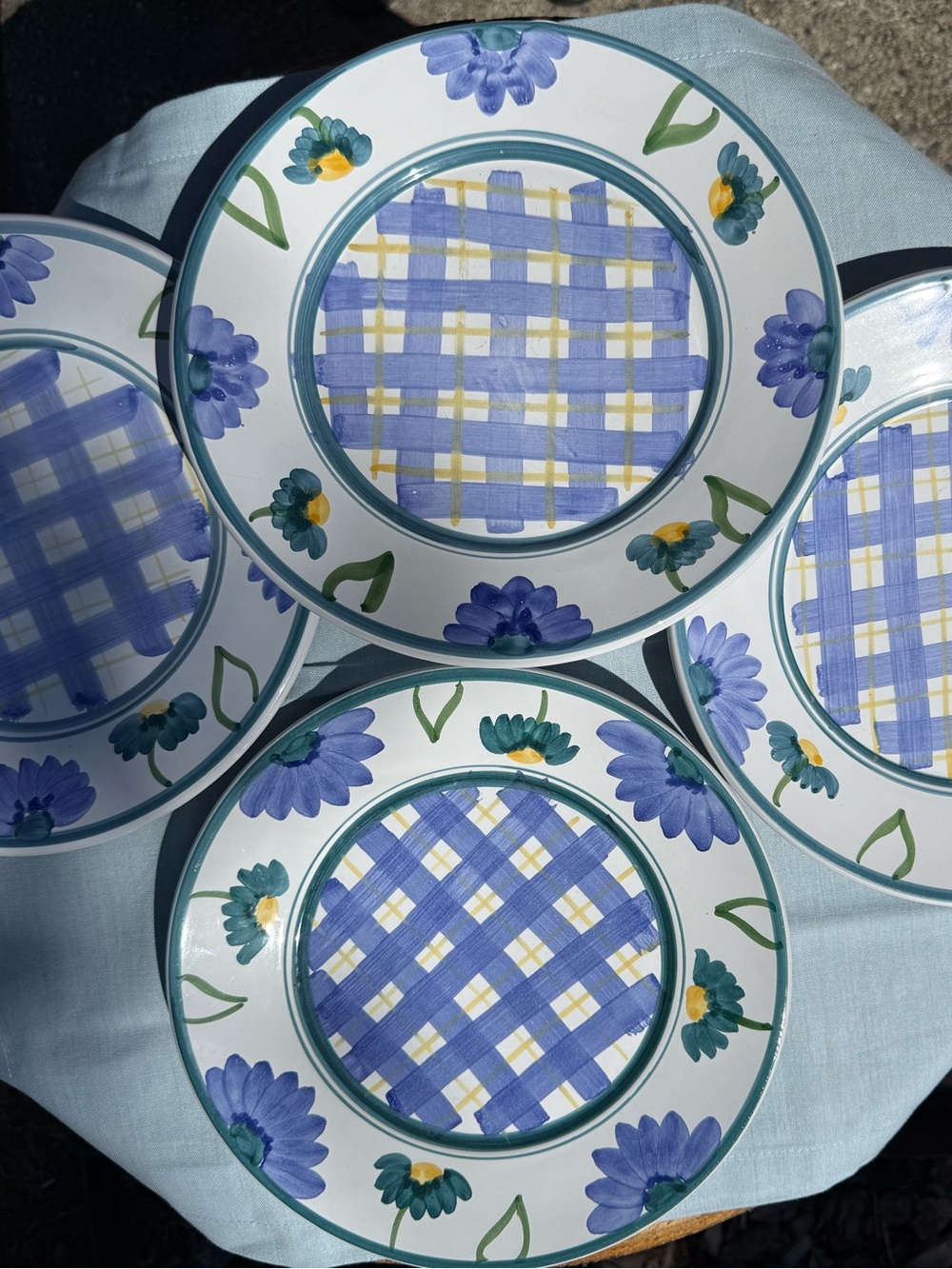 Caleca Arioso Hand-Painted Floral Plaid Dinner Plates - Blue & Yellow - Set of 5